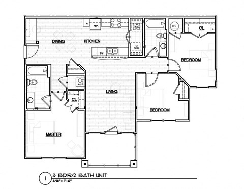 Floor plan for 3 beds, 2 baths, 1250 sqft